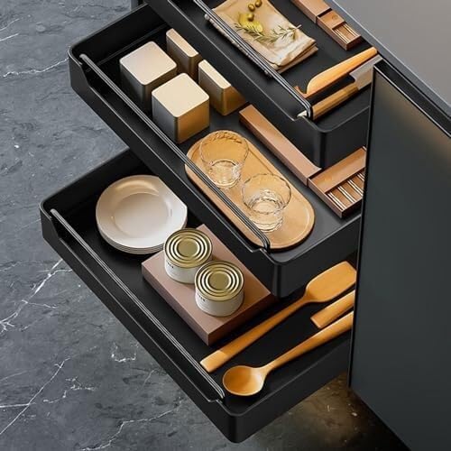 Expandable Pull-Out Cabinet Organizer, Stainless Steel Slide-Out Drawers for Kitchen, Bathroom, Pantry, and Office, No Drilling Required, Adjustable Storage Shelves(43 * 25 * 7cm)