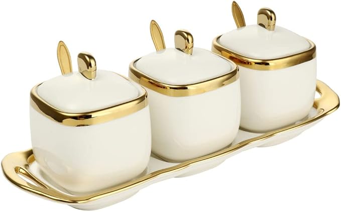 Porcelain Condiment Jar Spice Container with Tray Ceramic Serving Spoon and Lid, Spice Sugar Ceramic Condiment Pot Creative Seasoning Box for Your Home, Kitchen, Counter (White)