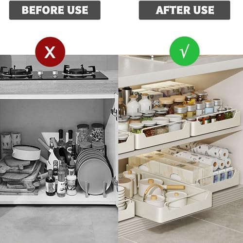 No Drill Pull Out Cabinet Organizer with Raised Design, 14cm Height, Removable for Easy Cleaning, Kitchen & Bathroom Storage Solution for Pantry Shelves