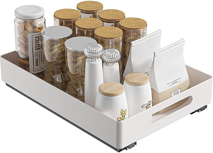 Pull Out Cabinet Organizer, Heavy Duty Slide Out Drawer, No Drill Pull Out Drawers, Sliding Pull-Out Pantry Shelves for for Cabinets, Roll Out Shelf Storage for Kitchen Bathroom White