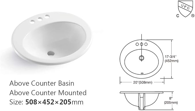 Lordear 20 Inch Drop In Bathroom Sink White Porcelain 20x19 inch Ceramic Vitreous Above Counter Vanity Lavatory Sink with 3 Vessel Style Basin