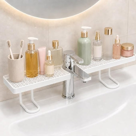 Behind the Faucet Organizer, No-Drill Over the Sink Shelf Bathroom, Multifunctional Steel Storage Rack, Space Saving Sink Organizer Shelf for Kitchen Bathroom Faucet Back Storage Arrangement