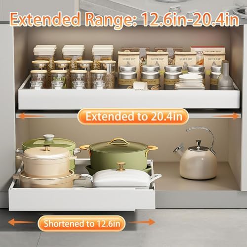 Expandable Pull-Out Cabinet Organizer, Kitchen Storage Solution, Extendable Sliding Pantry Shelves, No-Punch Heavy Duty Design, Fits 12.6-20.4" W x 20.4" D (White)