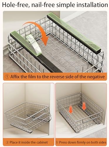 2 Pack Stainless Steel Pull Out Cabinet Organizer - No Drilling, Adhesive Mount, Silent Full Extension Slides for Kitchen, Pantry, and Bathroom Storage Solutions