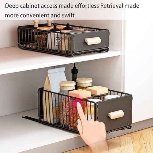 2 Pack Pull Out Cabinet Organizer No Drilling with Adhesive Strips, Silent Full Extension Slides, Slide Out Drawer for Kitchen/Bathroom Under Sink Storage Solutions