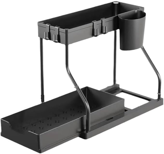 2-Tier Pull-Out Storage Organizer - Space-Saving Kitchen and Bathroom Essentials Organizer with Large Capacity Drawer(Black-2 ties-1Pack)
