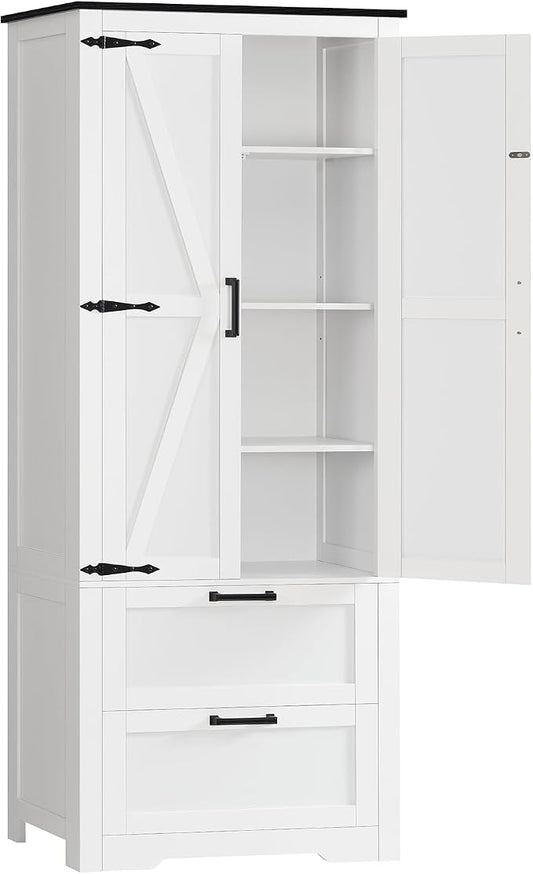 TEENFON 66.2" H Storage Cabinet with 2 Drawers, Farmhouse Kitchen Pantry Cabinet with 2 Doors & Adjustable Shelf, Bathroom Cabinet, for Living Room, Kitchen, Bathroom, White