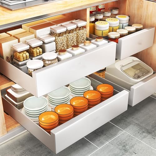 2 Pack Metal Pull Out Cabinet Organizer - Smooth Sliding Track & Removable Design for Easy Cleaning - No Drill Adhesive Slide Out Storage for Pantry, Kitchen, Bathroom Cabinets