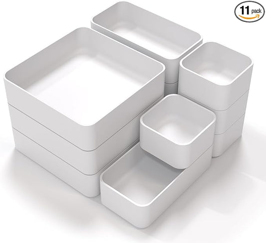 CHANCETSUI 11-Piece Stackable Drawer Organizer Set, Multi-size Desk Drawer Organizer Trays Vanity Storage Bins for Storing Makeup, Stationery, Utensils in Bathroom Dresser, Office and Kitchen