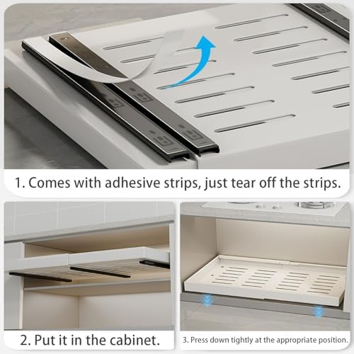 Expandable Pull Out Cabinet Organizer, Heavy Duty Sliding Pantry Shelves, No Drill, Adjustable 12.6"-20.4" Width, 20.4" Depth, Kitchen Storage Solution, White