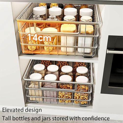 2-Pack Stainless Steel Pull-Out Cabinet Organizer, No Drilling Required, Adhesive Slide-Out Shelf with Silent Full-Extension Slides for Kitchen, Pantry, Bathroom Storage Solutions
