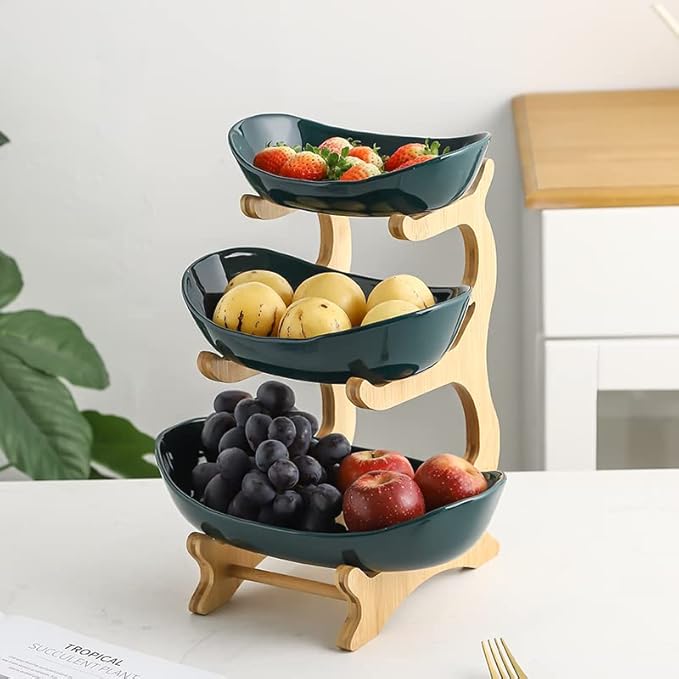 3 Tier Fruit Bowl With Bamboo Stand for Kitchen Counter,Ceramic Fruit Basket Large Capacity for Fruit Vegetable Storage,Snack Dessert Cake Tray Plate Rack for Party Wedding (Green)