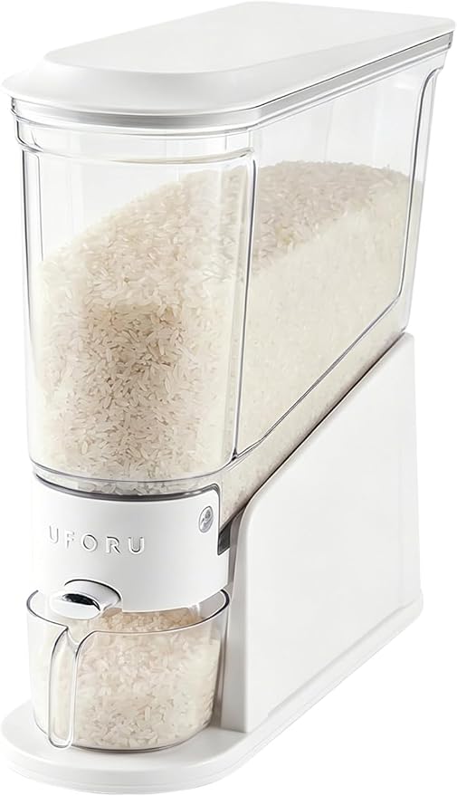 UFORU Rice Dispenser 11Lbs, Slim Rice Storage Container for Small Space, BPA-Free Clear Dry Food Dispenser Sealed Moisture Proof, Grain&Cereal Storage Bucket for Kitchen Pantry Household, White