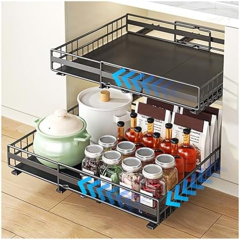 2 Pack Adjustable Pull Out Cabinet Organizer - No Drill, Adhesive Installation, Expandable Slide Out Drawers for Kitchen Cabinets, Enhanced 3 Slide Rails Design