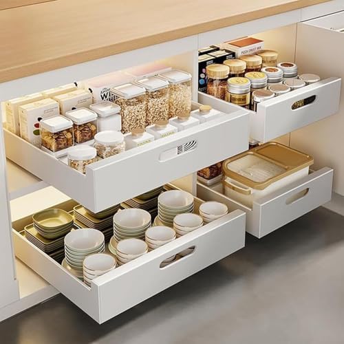 2PCS Heavy Duty Pull Out Cabinet Shelves - Drill-Free Slide Out Storage Drawers for Kitchen & Bathroom - 40cm Black Solution，White 30cm
