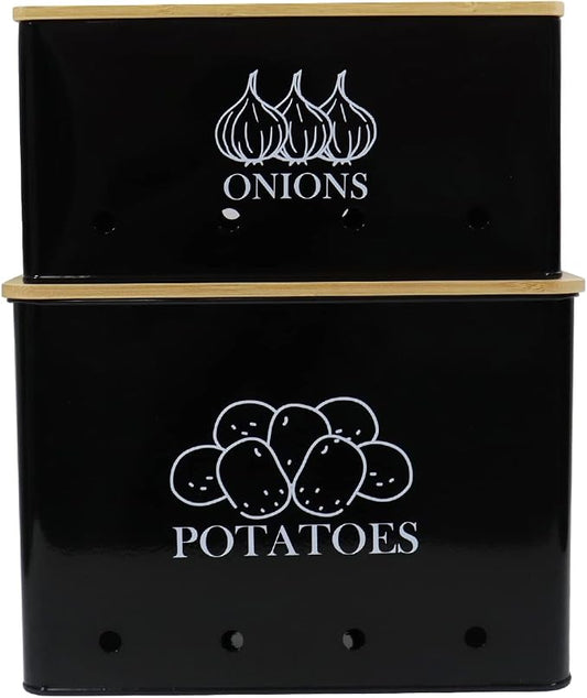 Potato and Onion Storage Bin Set of 2, Vented Metal Vegetable Storage with Wooden Lids, Farmhouse Kitchen Canisters for Countertop Pantry Organizer, Potato Bin Onion Holder for Produce Storage, Black