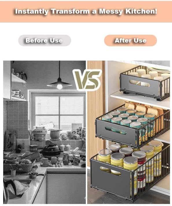 Pull Out Drawers for Cabinets Under Kitchen Sink Storage Organizer No Drill Adjustable Baskets for Cupboard Bathroom(2pcs-Black-19 cm)