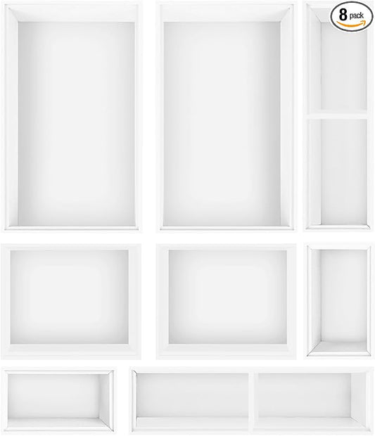 Bamboo Drawer Organizer Set, 8 PCS White Multi-Use Wood Drawer Storage Kitchen Boxes, Junk Drawer Organizer Divider Bins for Bathroom, Office Desk, Makeup, Jewelry, Utensils