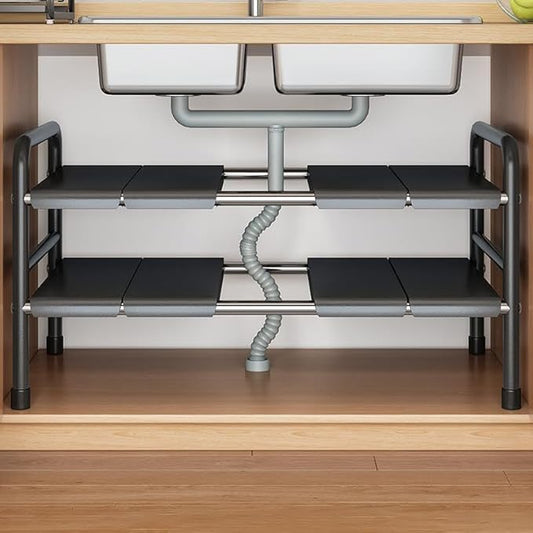 Under Sink Organizer, 2-Tier Expandable Stainless Steel Storage Rack with Removable Panels, Waterproof Anti-Slip Cabinet Shelf for Kitchen, Bathroom & Laundry