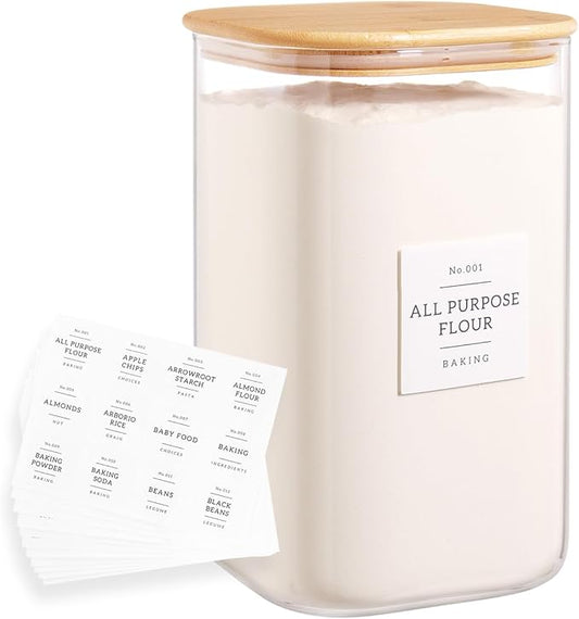 HHMJSM Large glass flour and sugar containers with 132 Kitchen Pantry Labels - 138 FL OZ Glass Food Storage Containers with Airtight Lids - Square Glass Jars Rice with Bamboo Lids
