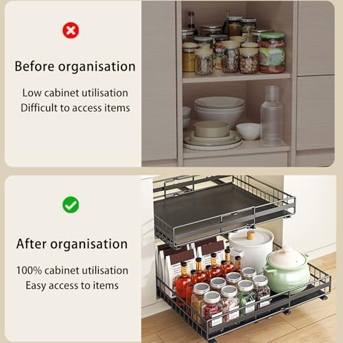 Expandable Pull-Out Cabinet Organizer (31-51cm) with 3 Slide Rails, No-Drill Roll-Out Shelves, Adhesive or Screw Fixing for Kitchen Storage Solutions.