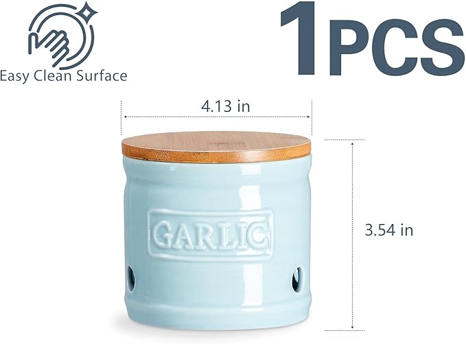 ONEMORE Garlic Keeper with Lid, Ceramic Garlic Saver 4 inch, Light Blue