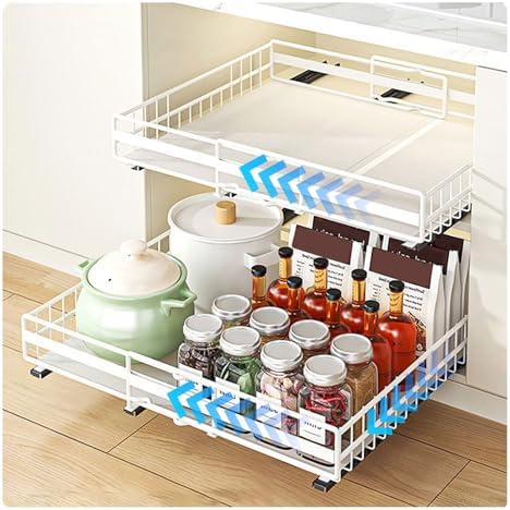 2 Pack Adjustable Pull-Out Cabinet Organizer - No Drill, Easy Adhesive Installation, Expandable Kitchen Drawer Slides with 3 Durable Rails for Maximum Storage Efficiency