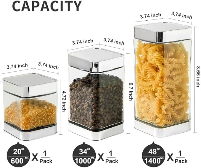 Glass Storage Jars-Large Kitchen Glass Canisters with Airtight Lids -Coffee Pasta Sugar Tea Snack Nuts Cookie Flour Food Container - Set of 3， Silver