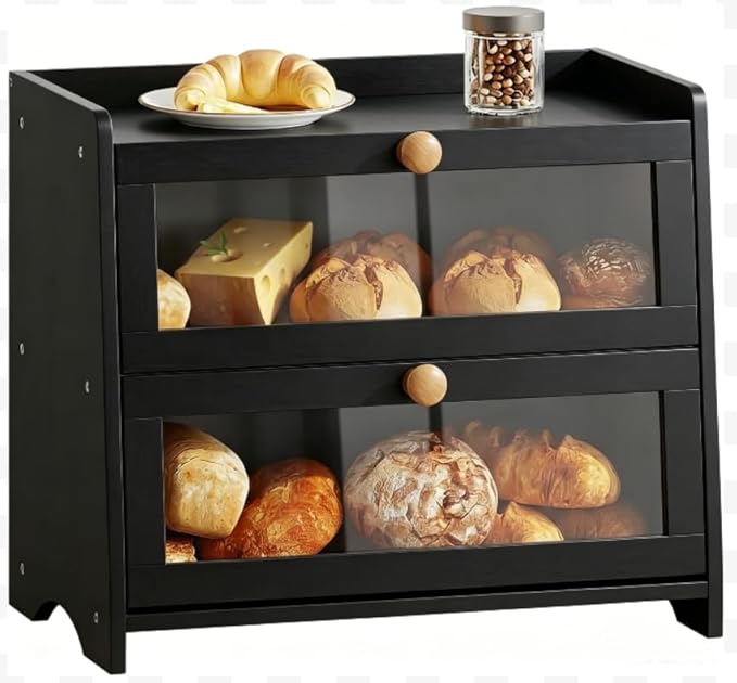 BAMBANG Bread Box for Kitchen Countertop, Extra Large Bamboo Bread Storage Container for Homemade Bread, Double Layer Breadox, Bread Bin Organizer for Counter Cabinet Pantry, Black