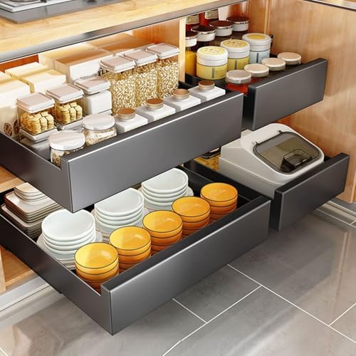 2 Pack Metal Pull Out Cabinet Organizer with Smooth Sliding Track, Removable Design for Easy Cleaning, No Drill Adhesive, Ideal for Kitchen, Pantry, Bathroom Storage Solutions