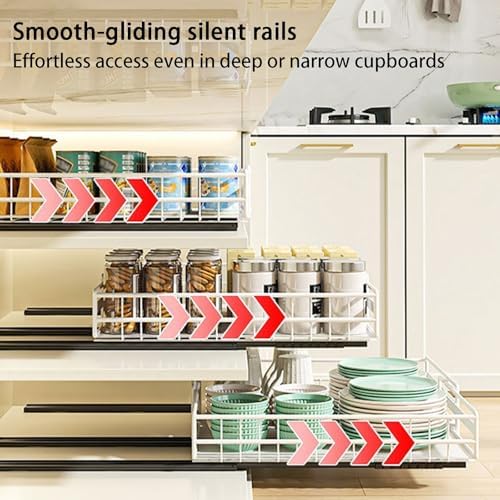 Expandable Pull Out Cabinet Organizer (31-51cm) - Slide Out Drawers with 3 Rails, Easy Installation with Adhesive or Screw, No Drill Roll Out Shelves for Kitchen Storage