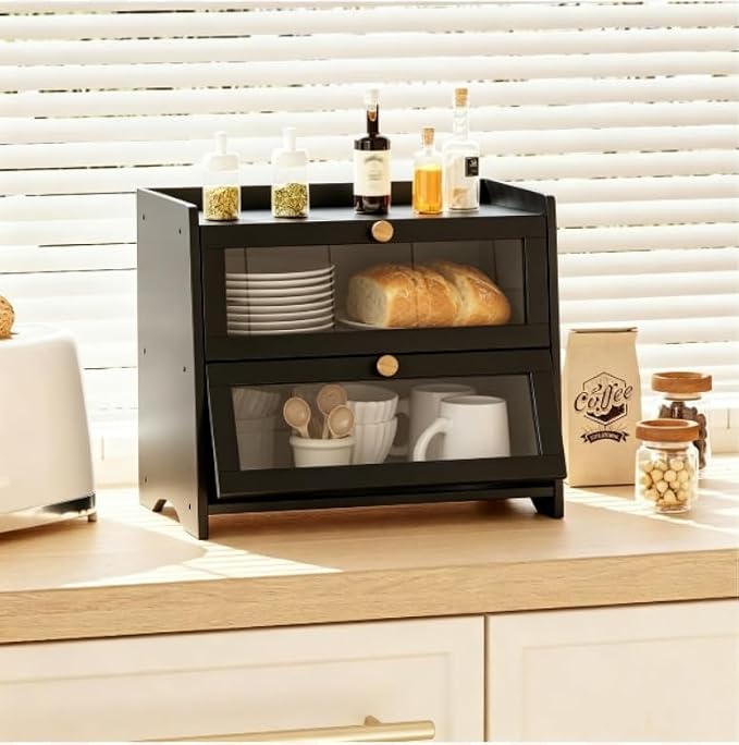 BAMBANG Bread Box for Kitchen Countertop, Extra Large Bamboo Bread Storage Container for Homemade Bread, Double Layer Breadox, Bread Bin Organizer for Counter Cabinet Pantry, Black
