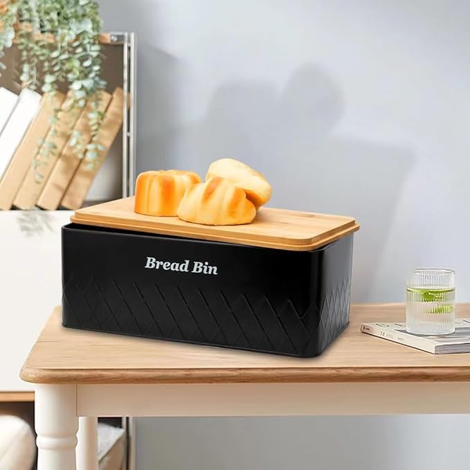 Black Bread Box for Kitchen Countertop, Coffee Tea Sugar Container with Bamboo Lid(1 Bread Bin & 3 Canisters)