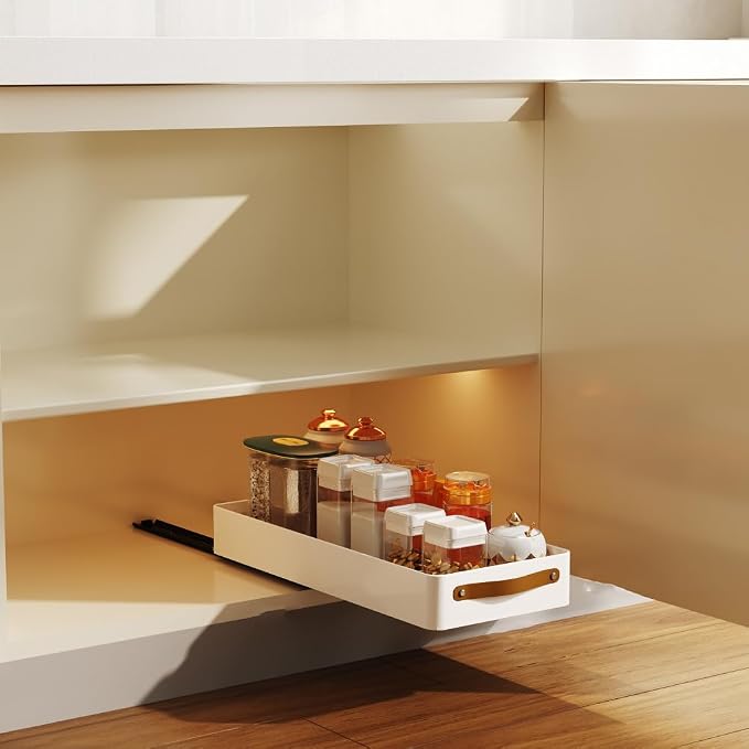 Pull Out Cabinet Organizer, Heavy Duty Slide Out Drawer, No Drill Pull Out Drawers, Sliding Pull-Out Pantry Shelves for For Cabinets, Roll out Shelf Storage for Kitchen Bathroom White（24cmW-48cmD）