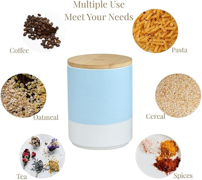 Food Storage Jars with Airtight Wood Lids，3-Pack Ceramic Canister Set for Flour Cereal Sugar Tea Coffee Beans Snacks– Modern Container Kitchen Pantry Storage Jar(Blue)