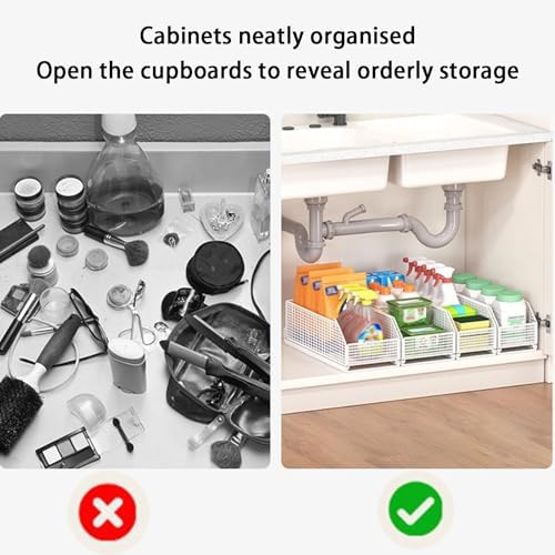2 Pack Pull Out Cabinet Organizer Shelf, No Drill Sliding Storage Shelves for Kitchen, Bathroom & Bedroom, Easy Install Pantry Storage Solution