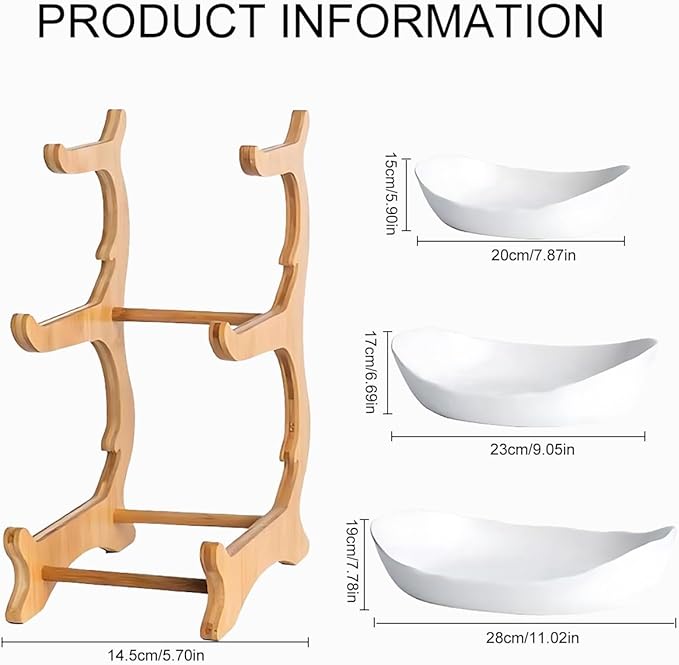 3 Tier Fruit Bowl With Bamboo Stand for Kitchen Counter,Ceramic Fruit Basket Large Capacity for Fruit Vegetable Storage,Snack Dessert Cake Tray Plate Rack for Party Wedding (White)