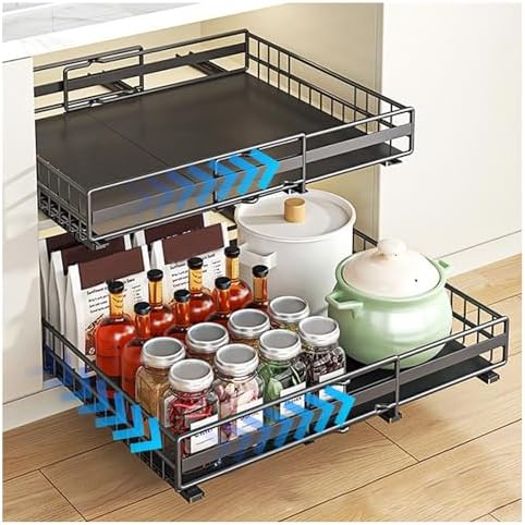 Expandable Pull Out Cabinet Organizer (31-51cm) - Slide Out Drawers with 3 Rails, Easy Installation with Adhesive or Screw, No Drill Roll Out Shelves for Kitchen Storage