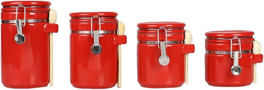 Canister Sets For The Kitchen (4 Piece Set) Red, High Gloss Ceramic | By Home Basics | Decorative | With Wooden Spoons, Countertop Set For Flour, Sugar, Coffee, and Snacks