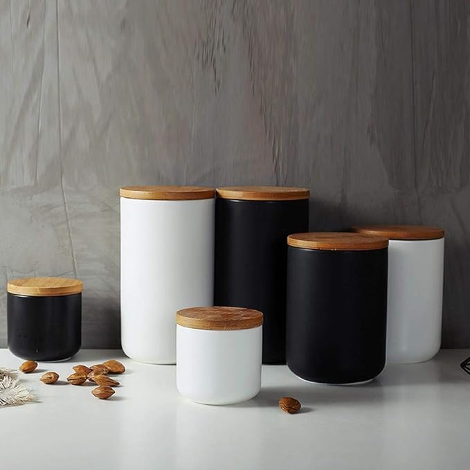 MilkyWay Food Storage Jar Strong Ceramic Storage Canisters with Airtight Seal Bamboo Lid Modern Design Seal Damp-Proof Kitchen Jar for Coffee, Tea, Spice and More (Black(L: 34 oz/1000ml))