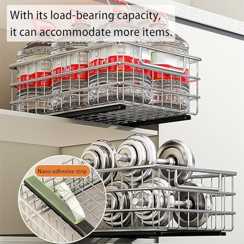 2-Pack Stainless Steel Pull-Out Cabinet Organizer, No Drilling Required, Adhesive Slide-Out Shelf with Silent Full-Extension Slides for Kitchen, Pantry, Bathroom Storage Solutions