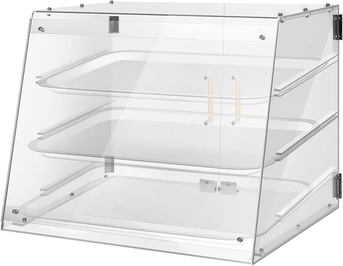YBSVO 3-Tier Commercial Bakery Display Case, 21-Inch Clear Acrylic Countertop Pastry Showcase with Removable Trays, Food-Grade Dessert Cabinet with Magnetic Back Doors for Cafe, Market, Home