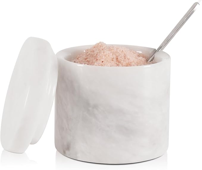 White Marble Salt Cellar 3 Inch Handmade Stone Salt Containers for Countertop, 5.2 oz Sugar Jar with Lid and Spoon, Salt Bowl, Marble Salt Holder to Store Spice, Table & Flaky Salt