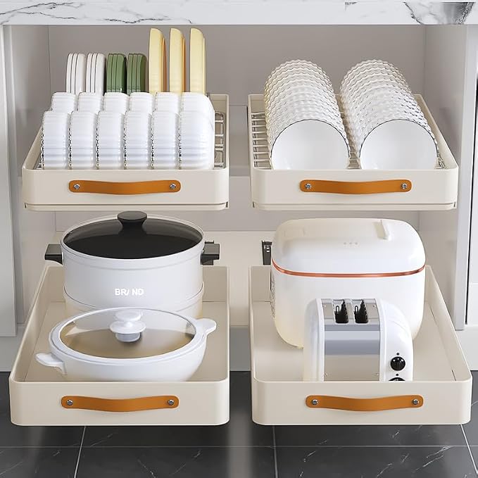 Pull Out Cabinet Organizer, Heavy Duty Slide Out Drawer, No Drill Pull Out Drawers, Sliding Pull-Out Pantry Shelves for For Cabinets, Roll out Shelf Storage for Kitchen Bathroom White（24cmW-48cmD）