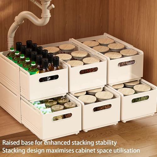 Extendable Pull-Out Cabinet Organizer, Depth Adjustable 28-48cm/11-19, Stackable Retractable Foldable Plastic Storage Bins, No Drilling, Perfect for Kitchen & Bathroom Pantry