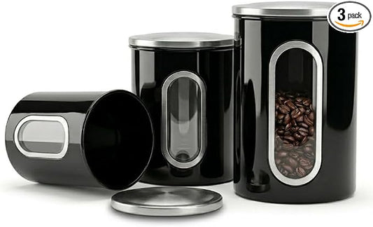 Mixpresso 3-Piece Black Canisters Sets For The Kitchen, Airtight Canister Set With See Through Window, Storage Jars for Coffee Container, Tea Organizer & Sugar Canister, Black Kitchen Canisters