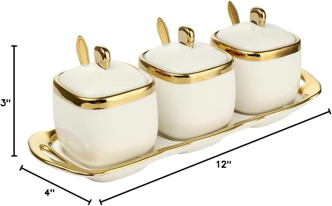 Porcelain Condiment Jar Spice Container with Tray Ceramic Serving Spoon and Lid, Spice Sugar Ceramic Condiment Pot Creative Seasoning Box for Your Home, Kitchen, Counter (White)