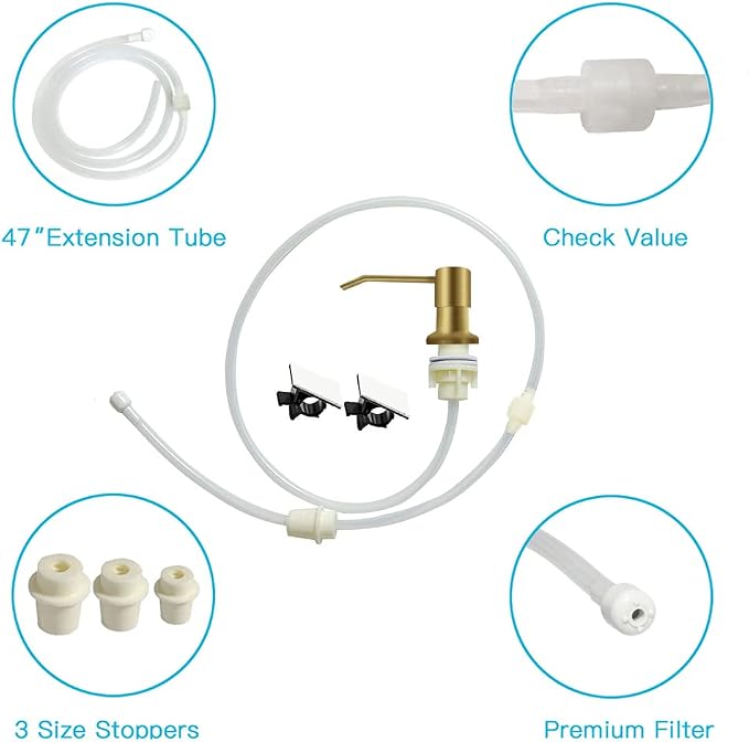 OHiHi Dish Soap Dispenser for Kitchen Sink, Countertop Sink Soap Dispenser Water Pump with 47” No-Spill Extension Tube Kit Design for Kitchen Bathroom, Easy to Press, No More Refills （Golden）