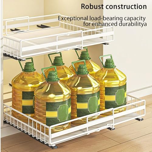 Expandable Pull Out Cabinet Organizer (31-51cm) - Slide Out Drawer with 3 Rails, Easy Adhesive/Screw Installation, No Drill Roll-Out Shelves for Kitchen Storage Solutions