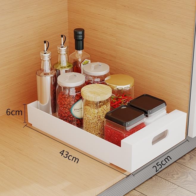 Pull Out Cabinet Organizer, 16.9 Deep Slide Out Drawers with Adhesive Nano Film No Drill Roll Out Shelf for Kitchen Cabinets Pantry Bathroom (White)
